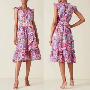 Figue Pippa Midi Dress Women L Retro Pink Floral Colorful Pockets Cotton Silk